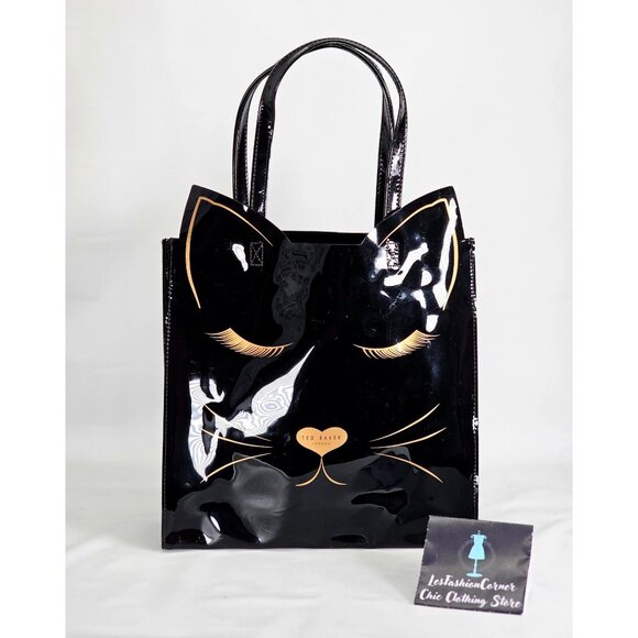 NWT Ted Baker Women's Black Patent Leather Feline Cat-Shaped Icon Tote Bag 391 - Picture 1 of 12